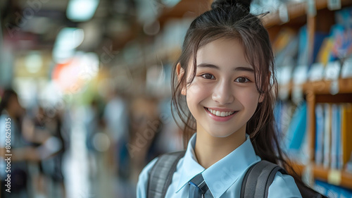 happy teenage high school asian girl wearing school uniform smiling holding a book in the class room ,generative ai