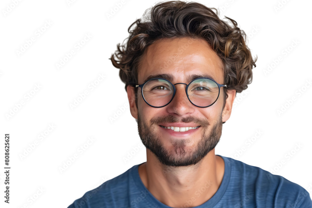 smiling attractive man in blue t-shirt and trendy eyeglasses on isolated transparent background smiling attractive man in blue t-shirt and trendy eyeglasses on isolated transparent background