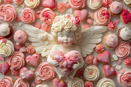 Angel Statue Surrounded by Pink Cupcakes and Heart Shaped Sweets