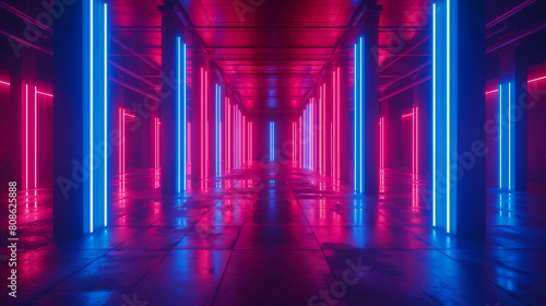 A long, narrow room with neon lights on the ceiling