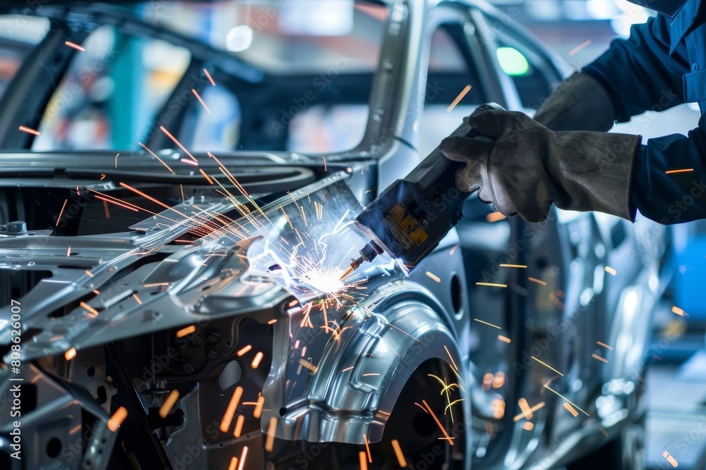 Fototapeta premium Robotic arm welding passenger car body at automotive factory on white background