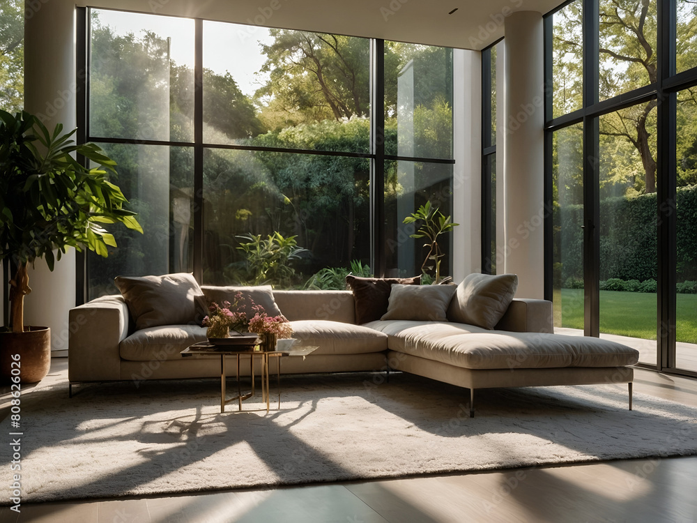 A living room with floor to ceiling windows overlooking a lush green garden,illustration A living room with floor to ceiling windows overlooking a lush green garden,illustration