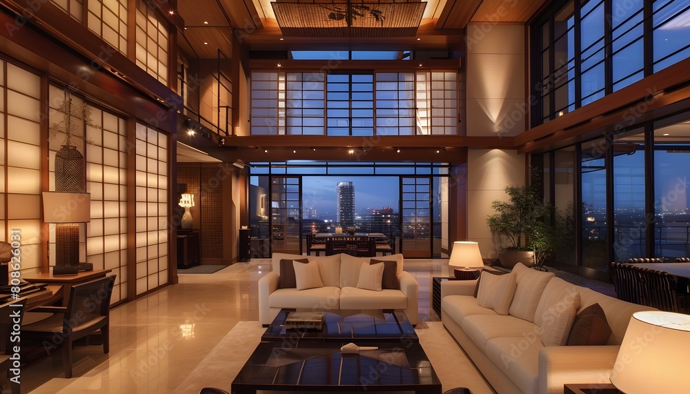 Modern Living Room with Large Windows and Comfortable Sofas at Night Modern Living Room with Large Windows and Comfortable Sofas at Night