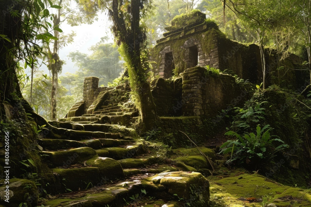 Ancient ruins hidden in the jungle, ancient and overgrown Mayan temple ruins in the jungle, Ai generated Ancient ruins hidden in the jungle, ancient and overgrown Mayan temple ruins in the jungle, Ai generated