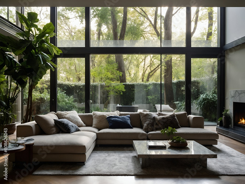 A living room with floor to ceiling windows overlooking a lush green garden,illustration