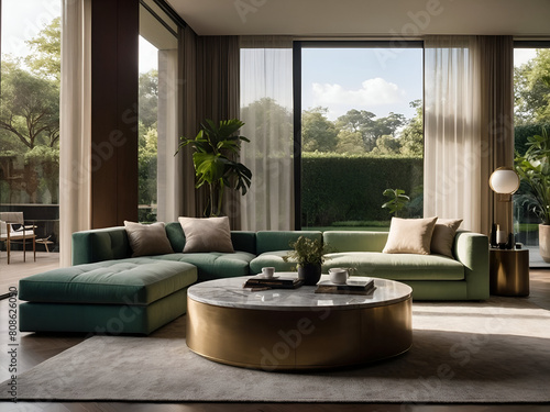 A living room with floor to ceiling windows overlooking a lush green garden,illustration