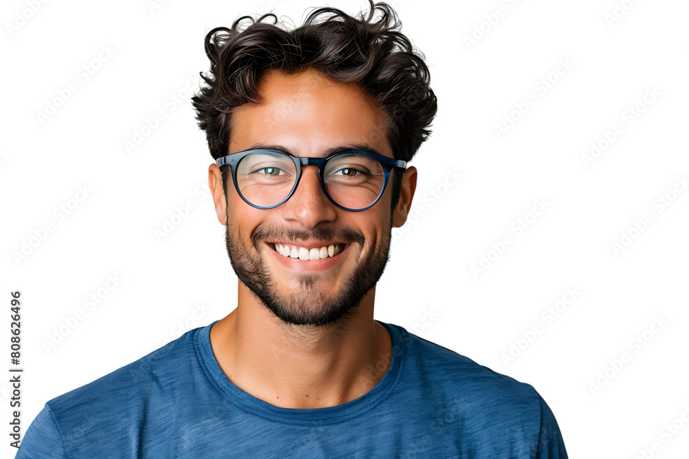 smiling attractive man in blue t-shirt and trendy eyeglasses on isolated transparent background smiling attractive man in blue t-shirt and trendy eyeglasses on isolated transparent background