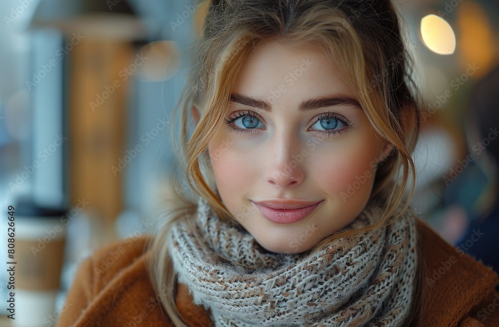 Young woman with blue eyes and freckles at a coffee shop. Young woman with blue eyes and freckles at a coffee shop.