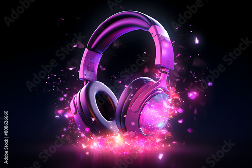 Headphones engulfed in pink flames against black background. Neon colors illustration.