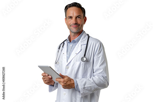 Handsome man doctor standing holding tablet on isolated transparent background