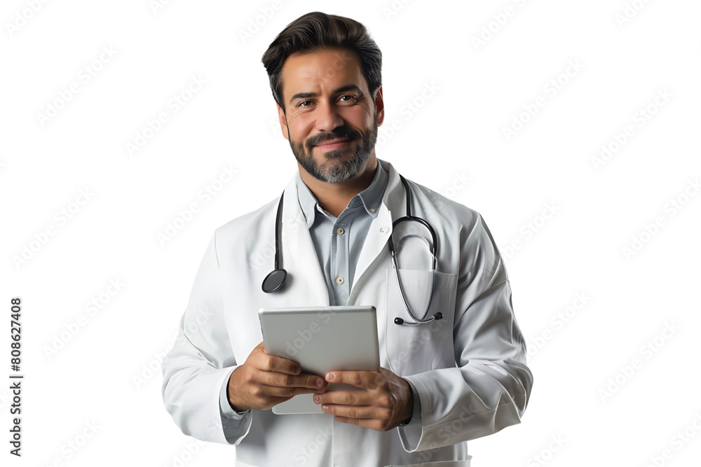 Handsome man doctor standing holding tablet on isolated transparent background Handsome man doctor standing holding tablet on isolated transparent background