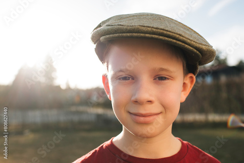 boy stood outside at sunset with a flat cap photo