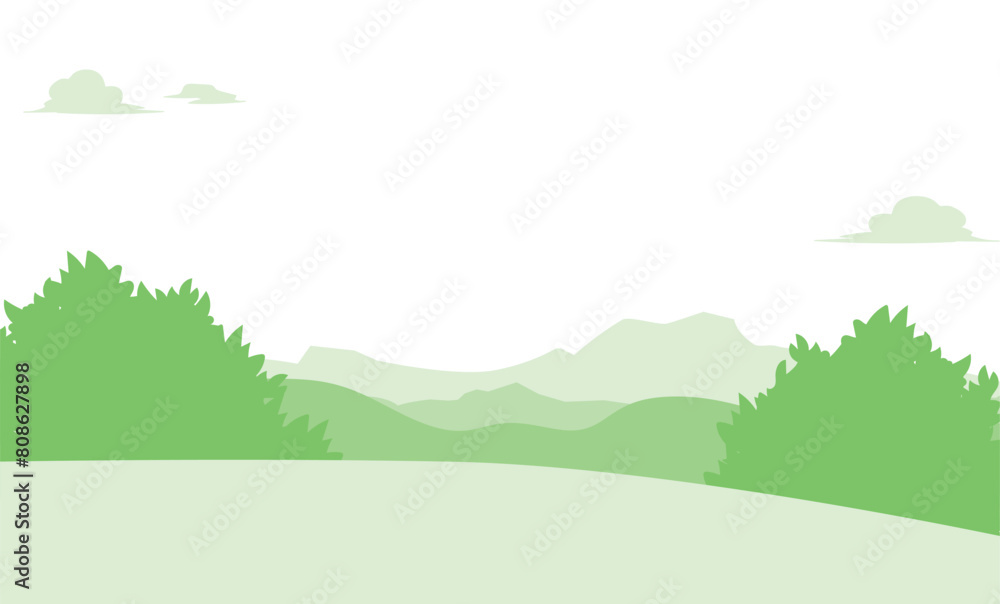 自然豊かな緑の綺麗な山脈風景イラスト背景素材