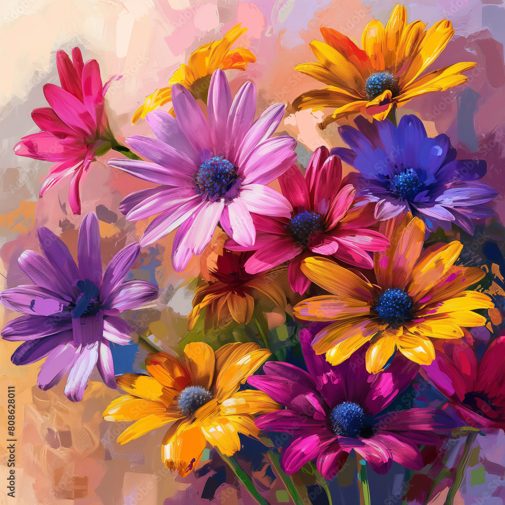 A painting of a bouquet of flowers with a variety of colors including pink A painting of a bouquet of flowers with a variety of colors including pink