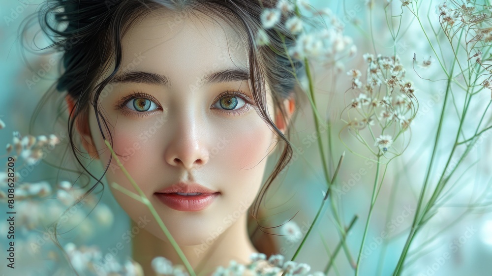 Close-up portrait of a radiant Asian woman, her gentle expression framed by delicate white flowers, epitomizing softness and grace