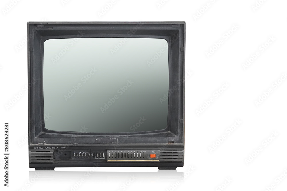 front view old black television on white background, technology, object, decor, decoration, ancient, antique, copy space