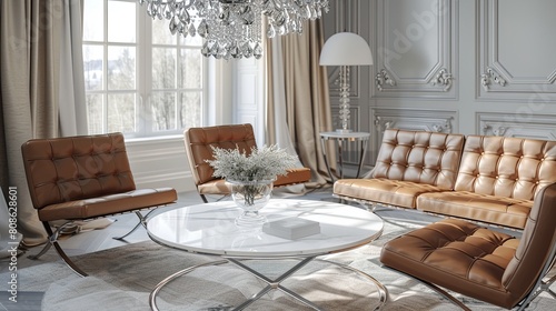 A sophisticated living room with a crystal chandelier, a white marble coffee table, and a set of leather slingback chairs photo