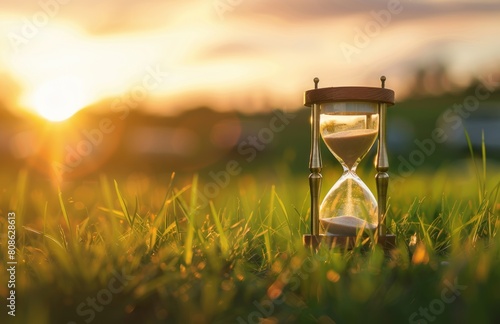 Close up of an Hourglass in natural green crops background with sunrise effect