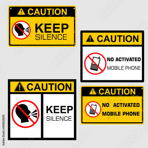 Caution, Keep Silence and no mobile phone, sticker vector