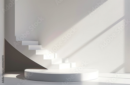 Minimalistic white podium in an abstract, brightly lit gallery space, sharp shadows, for modern art exhibitions or clean product mockups