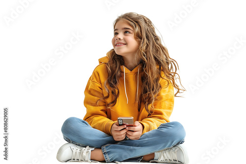 Happy young girl sitting on the floor, holding smartphone in hands and looking away, on isolated transparent background