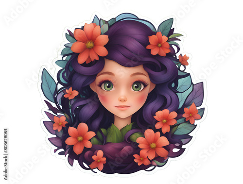 Fairy with flowers in her hair sticker isolated on transparent background photo