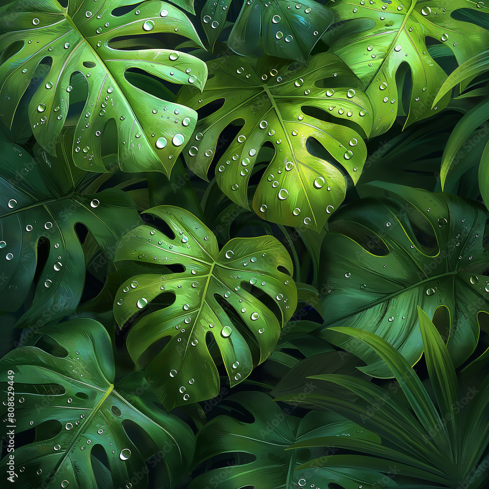 A lush green plant with droplets of water on its leaves A lush green plant with droplets of water on its leaves