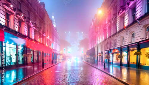 The streets of modern London in the fog