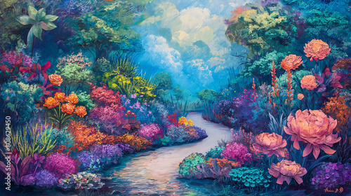 A painting of a garden with a path through it