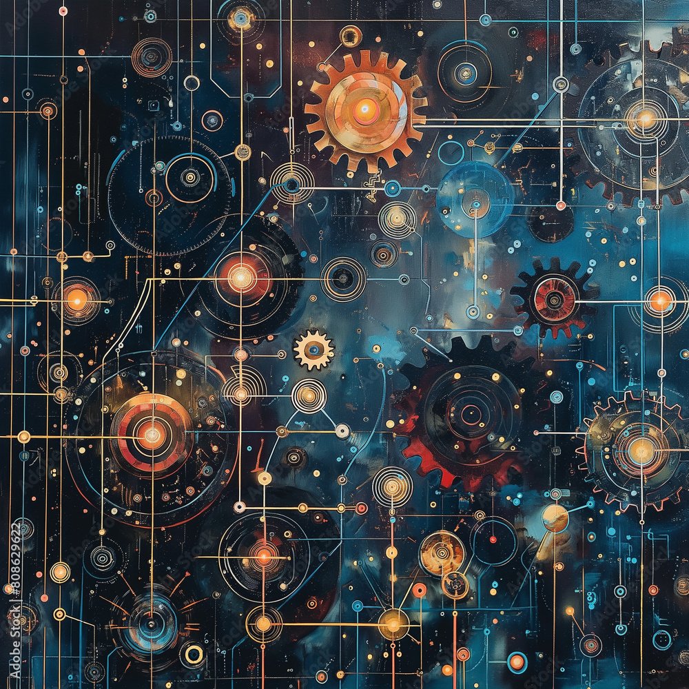 A colorful painting of gears and wires in space