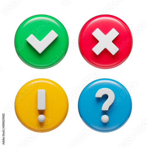 Acceptance, rejection, question and attention check marks in glossy circles set, 3d buttons. Right, wrong, interrogation and exclamation signs three-dimensional rendering vector illustration