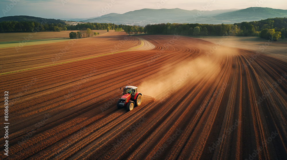 A red tractor is driving through a field of dirt A red tractor is driving through a field of dirt