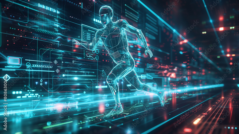 Runner with Dynamic Data Overlay in Futuristic Interface