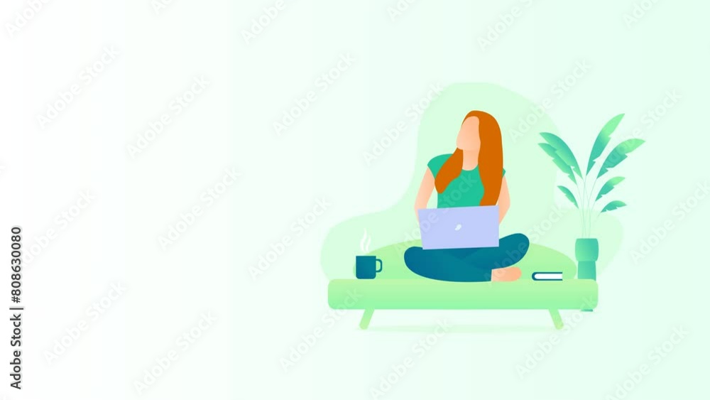 Animation of a person sitting on a sofa and looking at laptop. 4k animated footage with copy space. Animation of a person sitting on a sofa and looking at laptop. 4k animated footage with copy space.