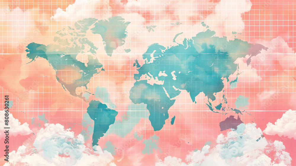 Obraz premium Watercolor World Map with Cloud Textures on Gridded Background