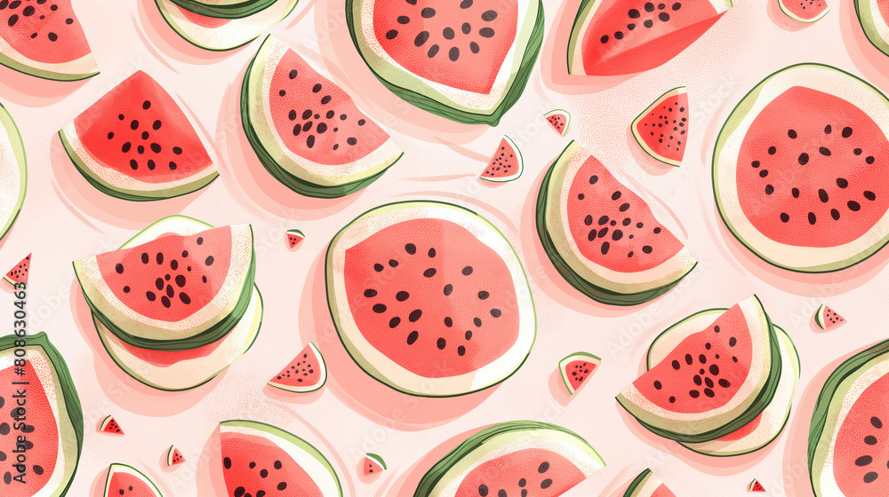 A watermelon pattern is shown with many slices of watermelon A watermelon pattern is shown with many slices of watermelon