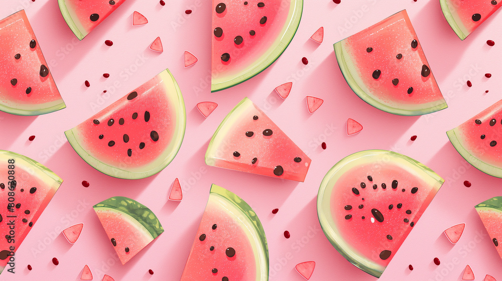 A watermelon design with black seeds on a pink background A watermelon design with black seeds on a pink background