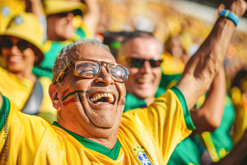 Brazilian football soccer fans in a stadium supporting the national team, old men, Seleção 