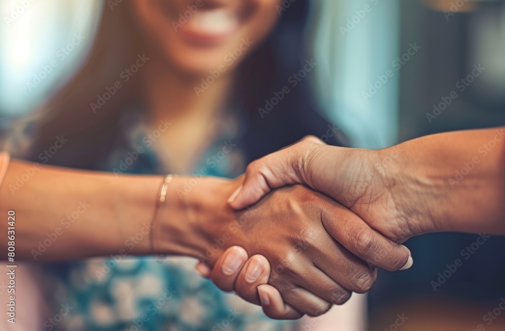 A man and a woman are exchanging a handshake across a sturdy table, showcasing their wrist movements and finger alignment A man and a woman are exchanging a handshake across a sturdy table, showcasing their wrist movements and finger alignment