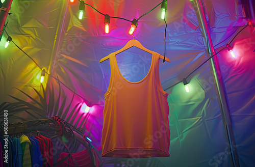 Neon bright tank top hanging in a festivalstyle tent with colorful lights, creating a vibrant and energetic atmosphere for trendy, youthful graphics photo