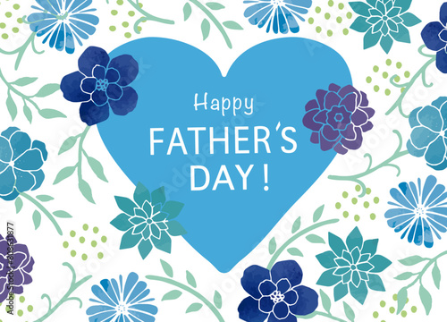 父の日のバナー素材　エレガントなハートと青い花の模様フレーム