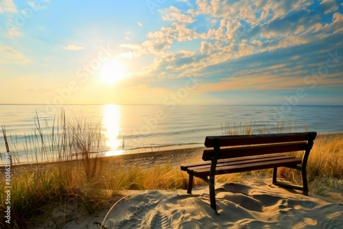 Beach view panorama  sunset  calm sea  wooden bench on dune near the sea  ocean.