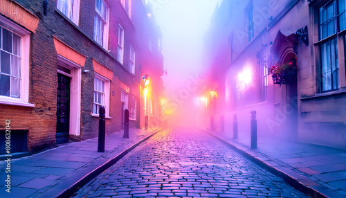 The streets of modern London in the fog