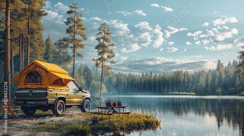 Deep within a dense forest, the pickup truck is parked in a secluded clearing, with the rooftop tent perched among the treetops, offering a unique vantage point.