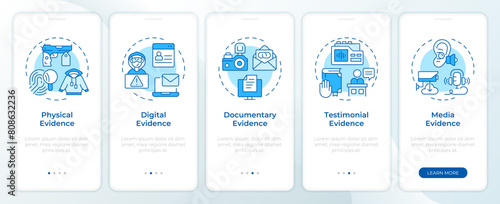 Evidence management blue onboarding mobile app screen. Walkthrough 5 steps editable graphic instructions with linear concepts. UI, UX, GUI template. Montserrat SemiBold, Regular fonts used photo