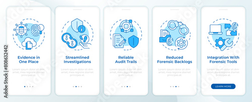 Evidence management benefits blue onboarding mobile app screen. Walkthrough 5 steps editable graphic instructions with linear concepts. UI, UX, GUI template. Montserrat SemiBold, Regular fonts used photo