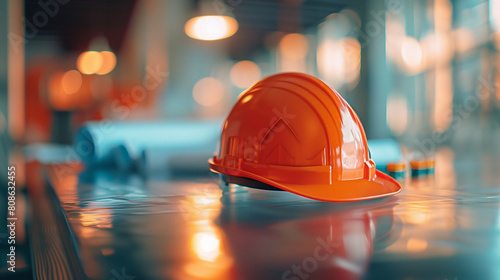Orange Safety Helmet on Reflective Surface at Construction Site photo