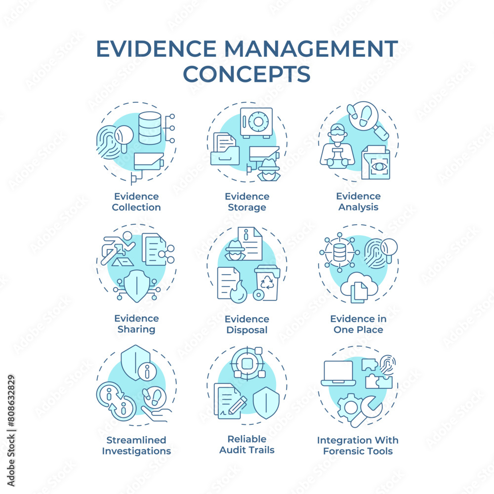 Evidence management soft blue concept icons. Forensic analysis, judicial system. Technological advancement. Icon pack. Vector images. Round shape illustrations for infographic. Abstract idea