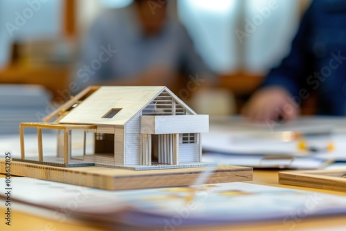 A wooden model of a house placed on top of blueprints, symbolizing real estate, sale, rental, and mortgage planning