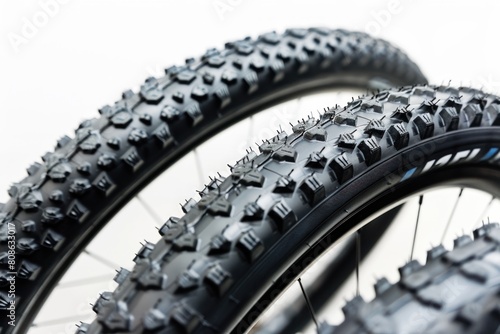 close up view of two bicycle tyres, studio shot isolated on white background